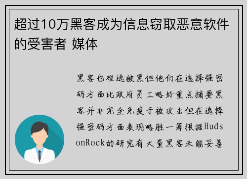超过10万黑客成为信息窃取恶意软件的受害者 媒体